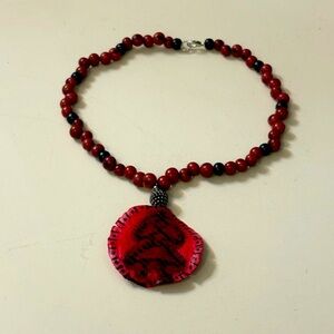 HANDCRAFTED Red Beaded Necklace with Seed Pendant, 18” Length, 2.75” Pendant